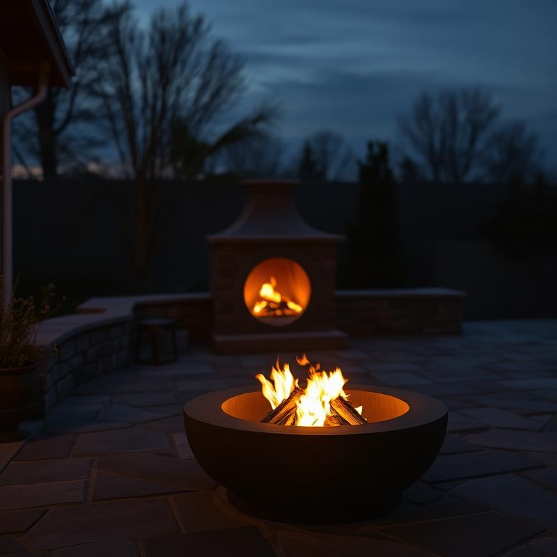 Outdoor fire pit burning at dusk