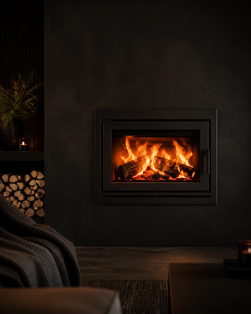 Contemporary wood fireplace burning in a minimalist living room